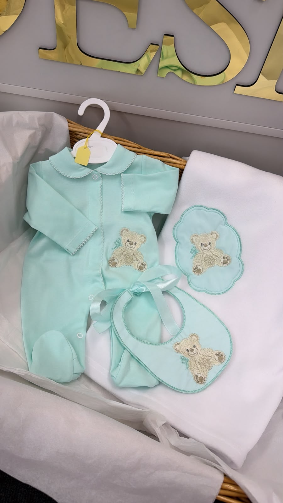 Mint bear babygrow and bib (blankets sold separately)￼