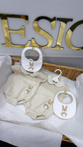 Beige Bunny stripe romper with bib