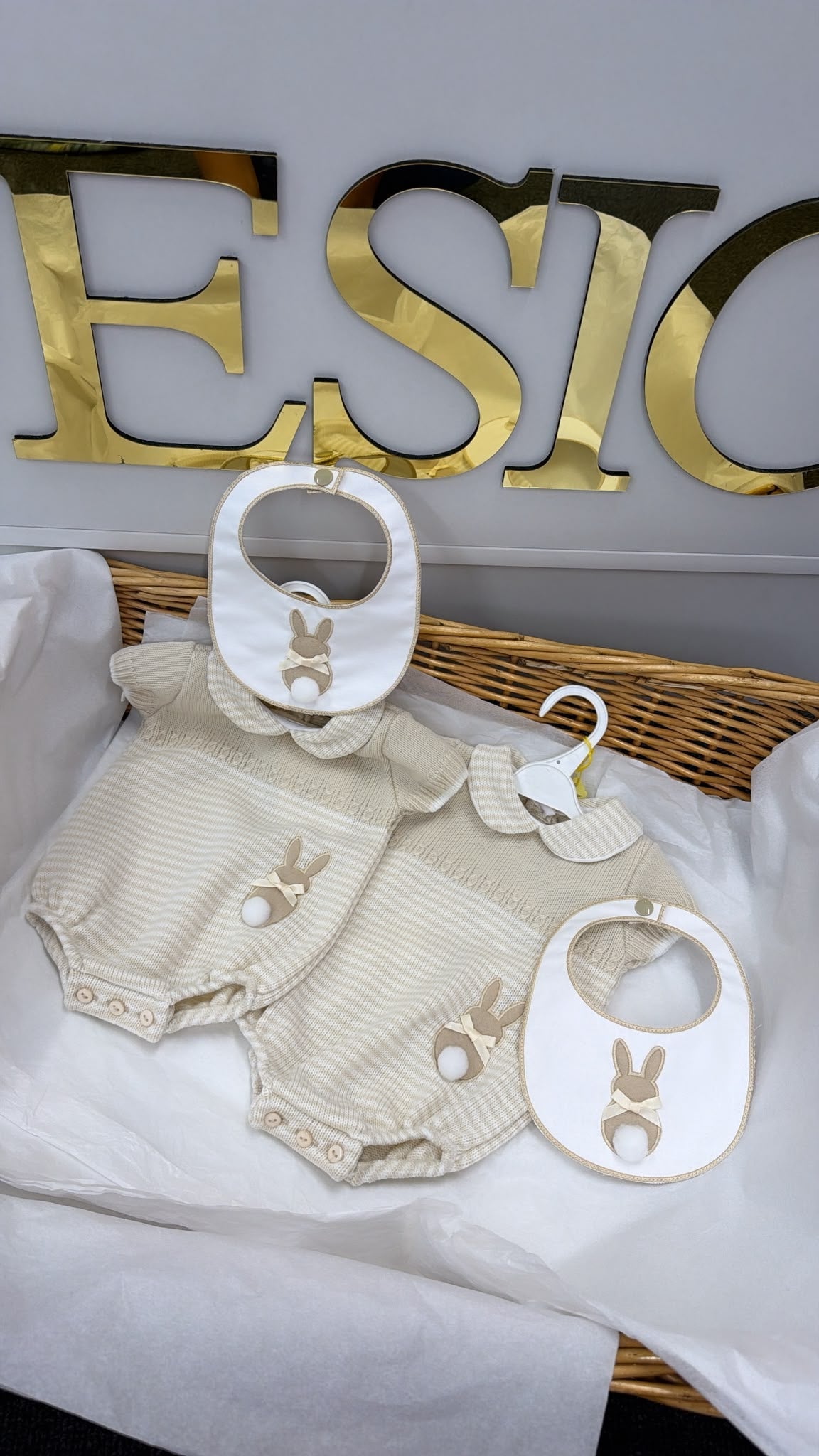 Beige Bunny stripe romper with bib