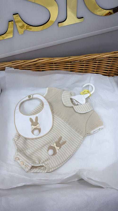 Beige Bunny stripe romper with bib