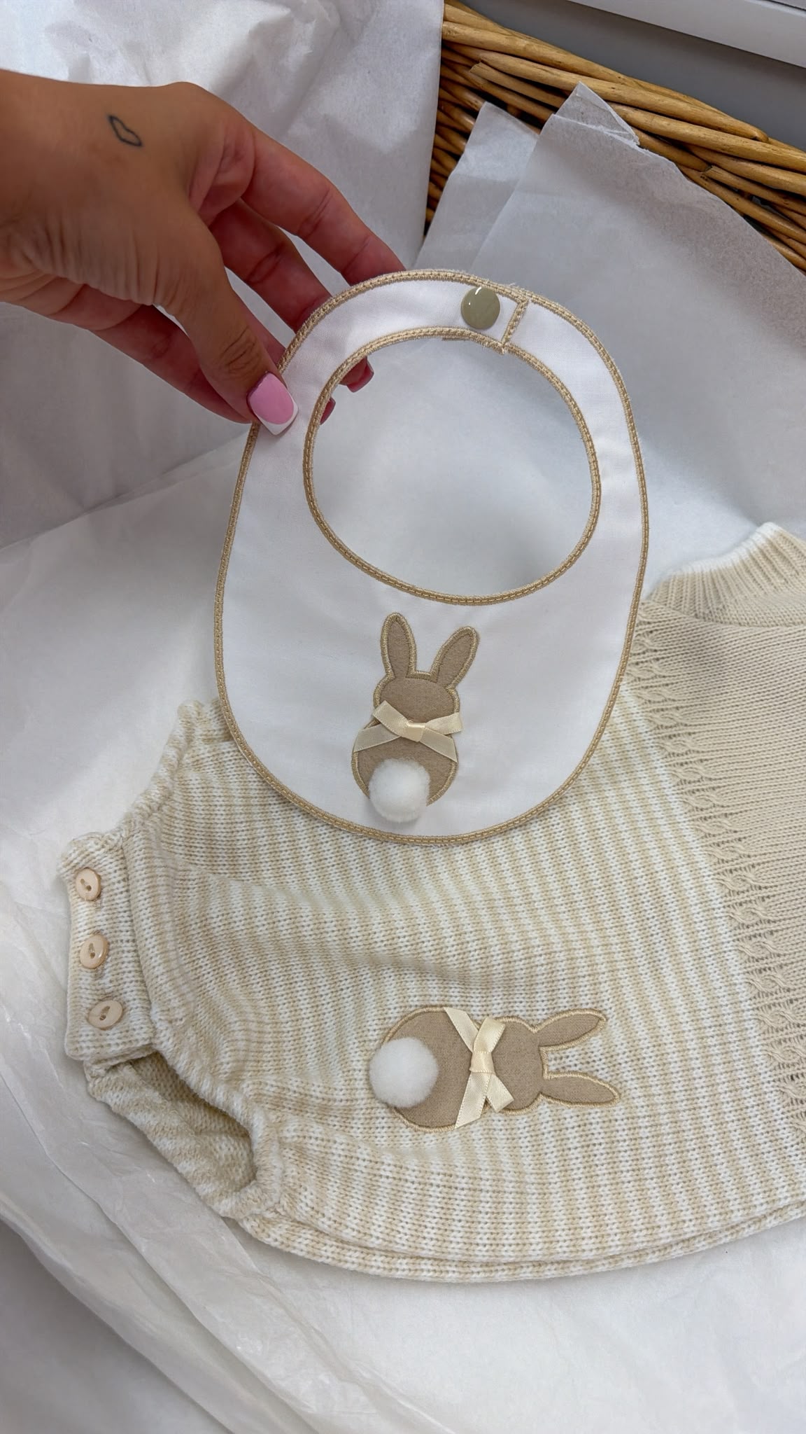Beige Bunny stripe romper with bib