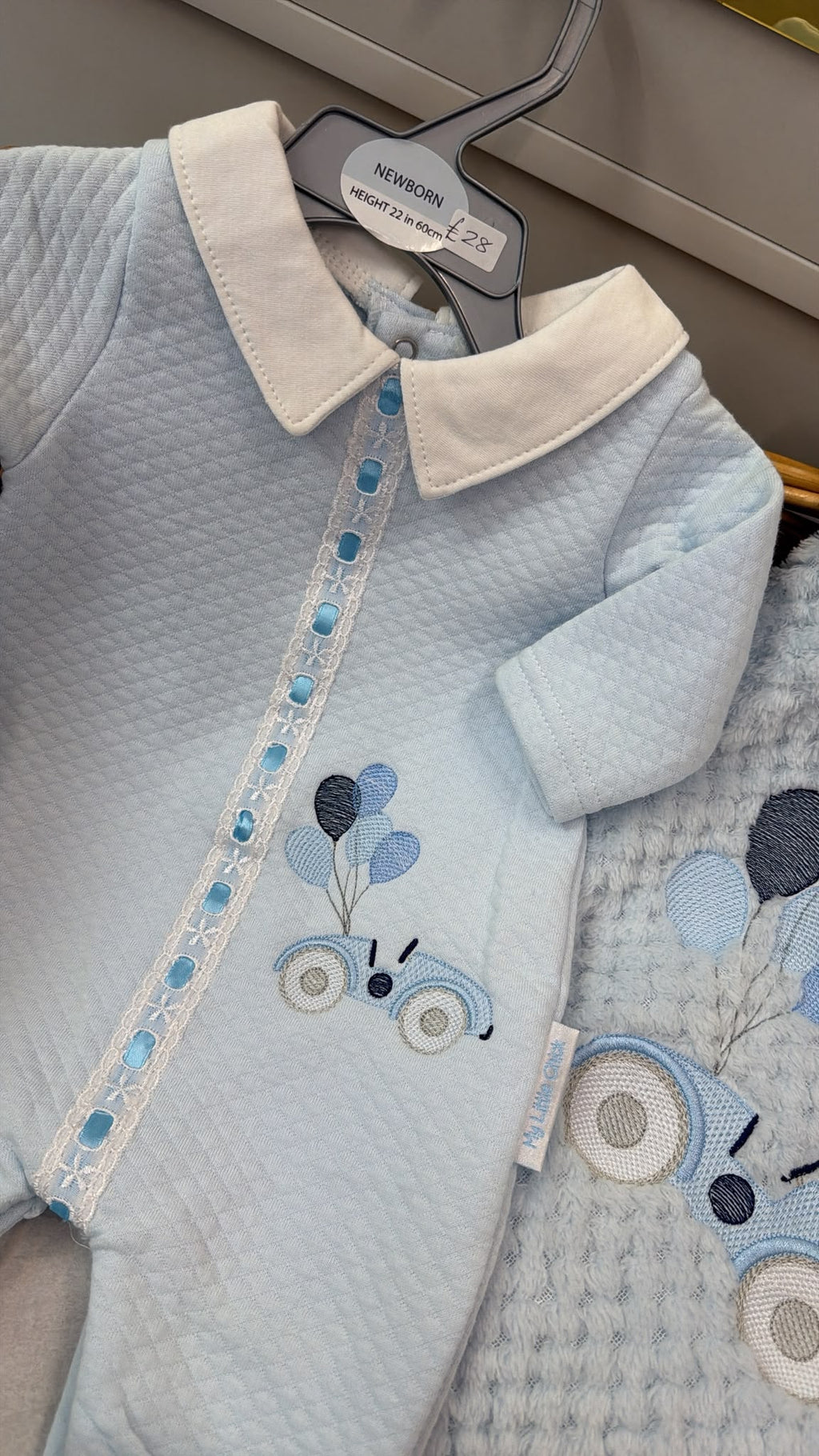 Blue car babygrow (blanket sold separately)