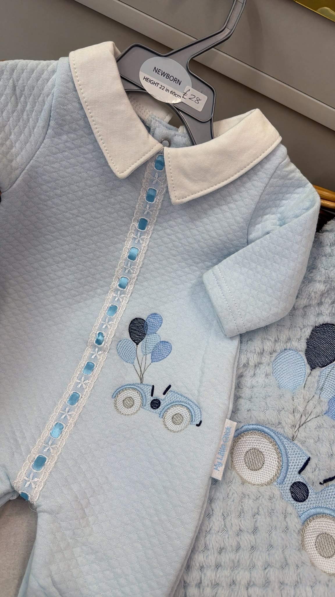 Blue car babygrow (blanket sold separately)