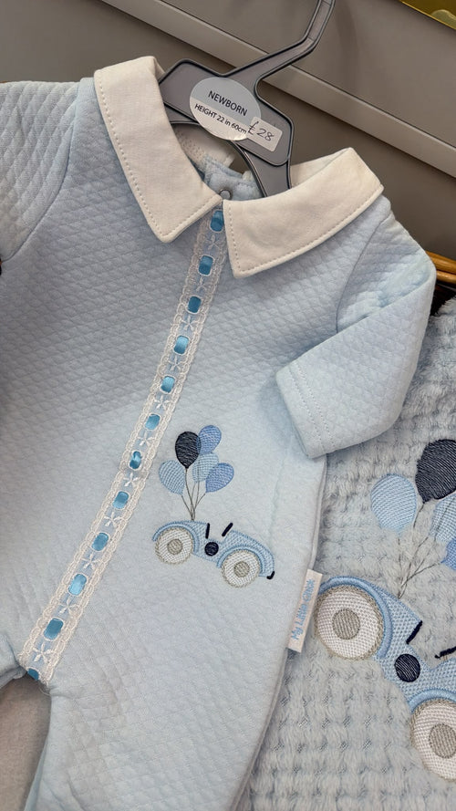 Blue car babygrow (blanket sold separately)