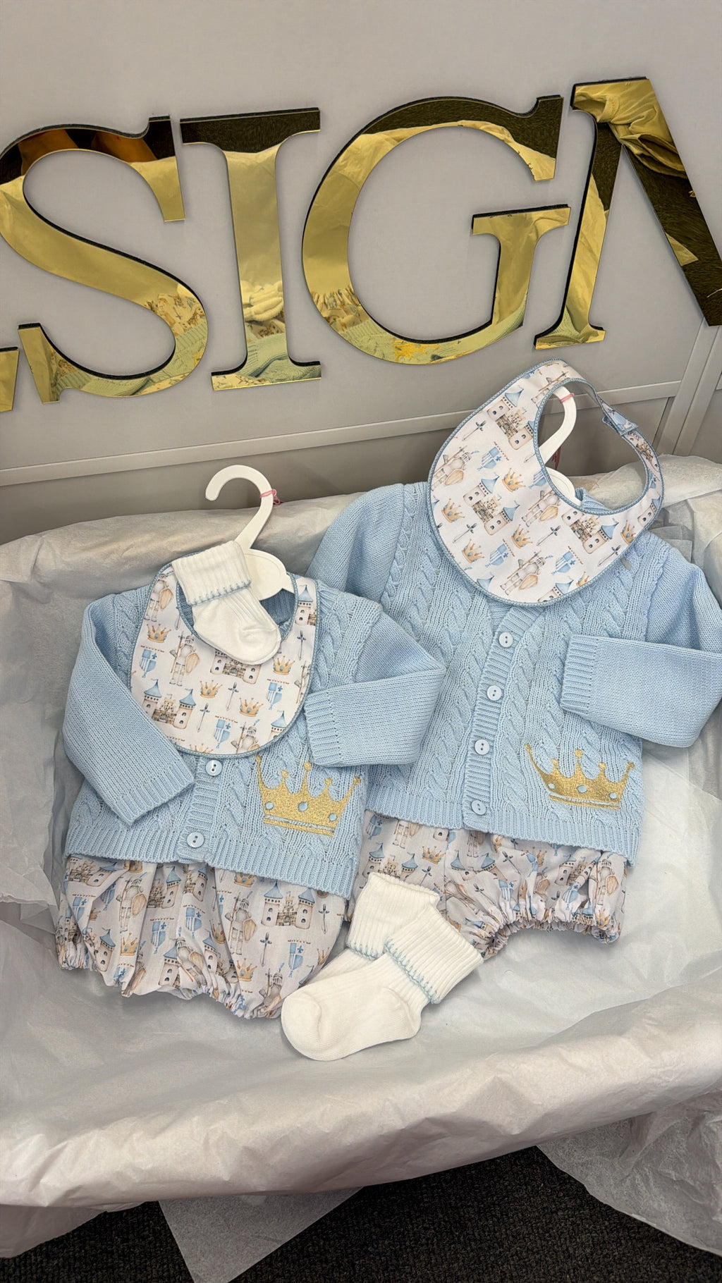 Crown pant set with cardigan bib and socks