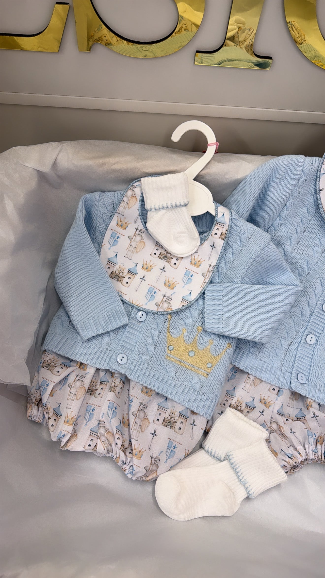 Crown pant set with cardigan bib and socks