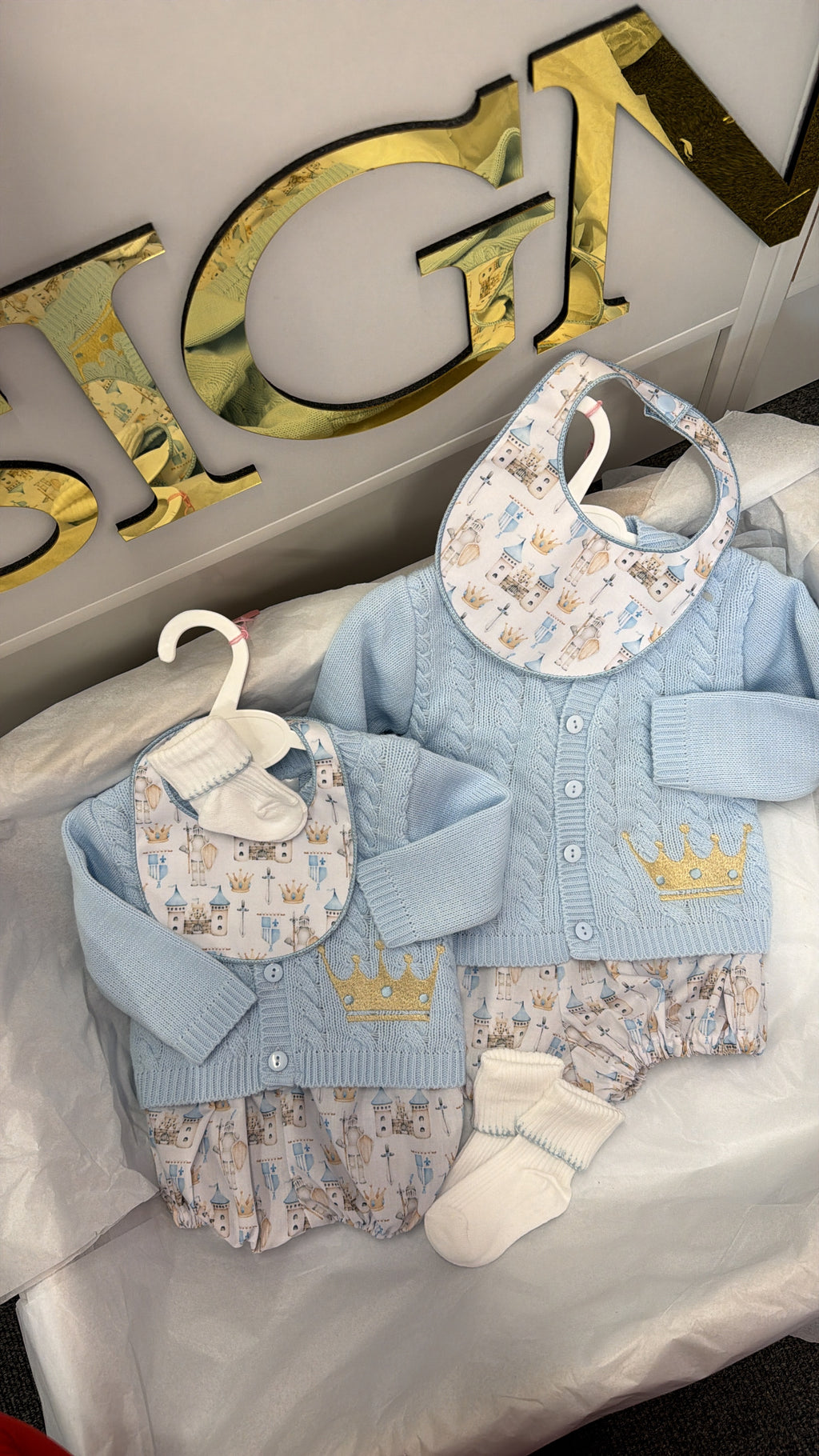 Crown pant set with cardigan bib and socks