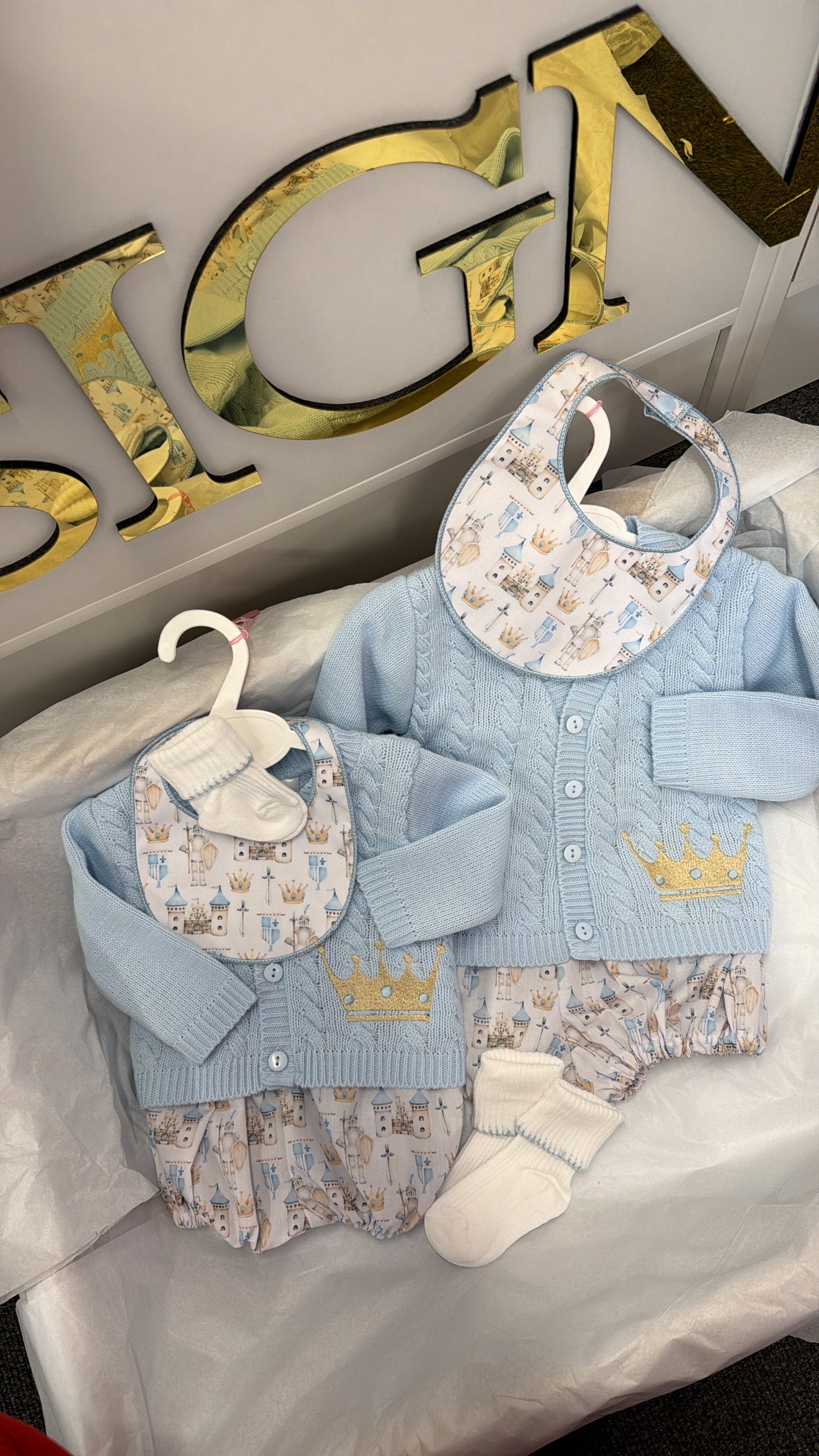 Crown pant set with cardigan bib and socks