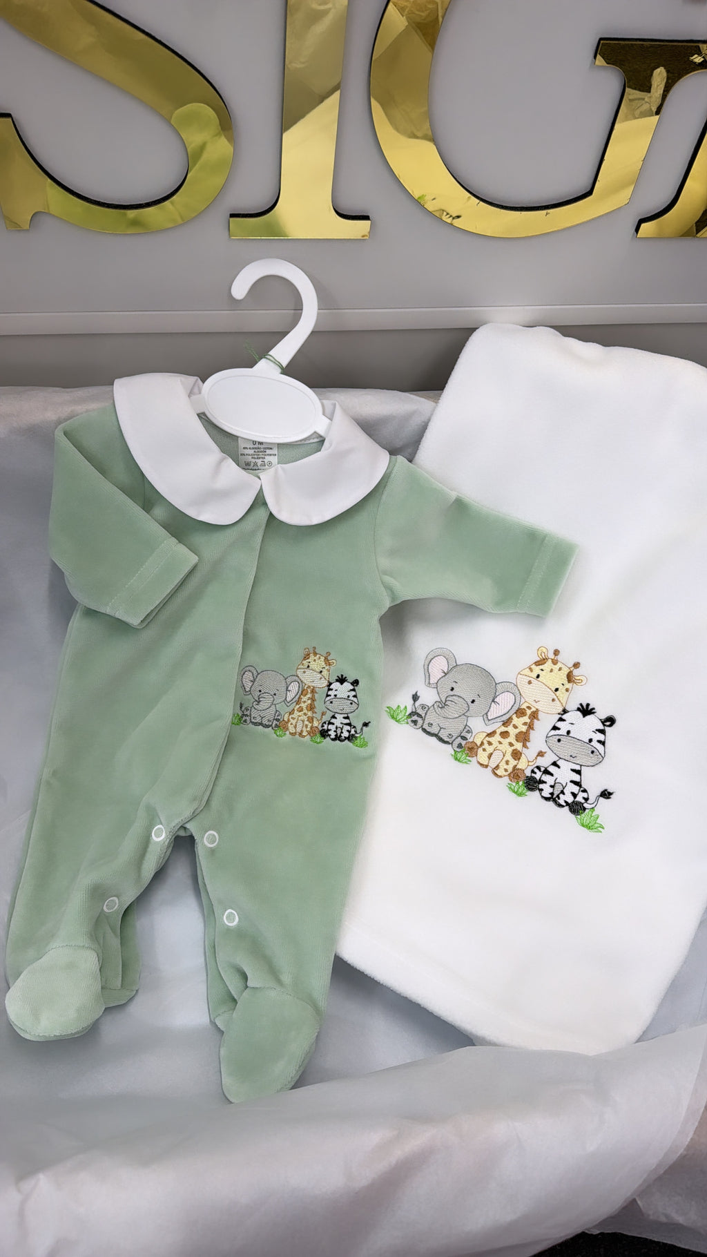 Safari sage velour babygrow (blanket sold separately)