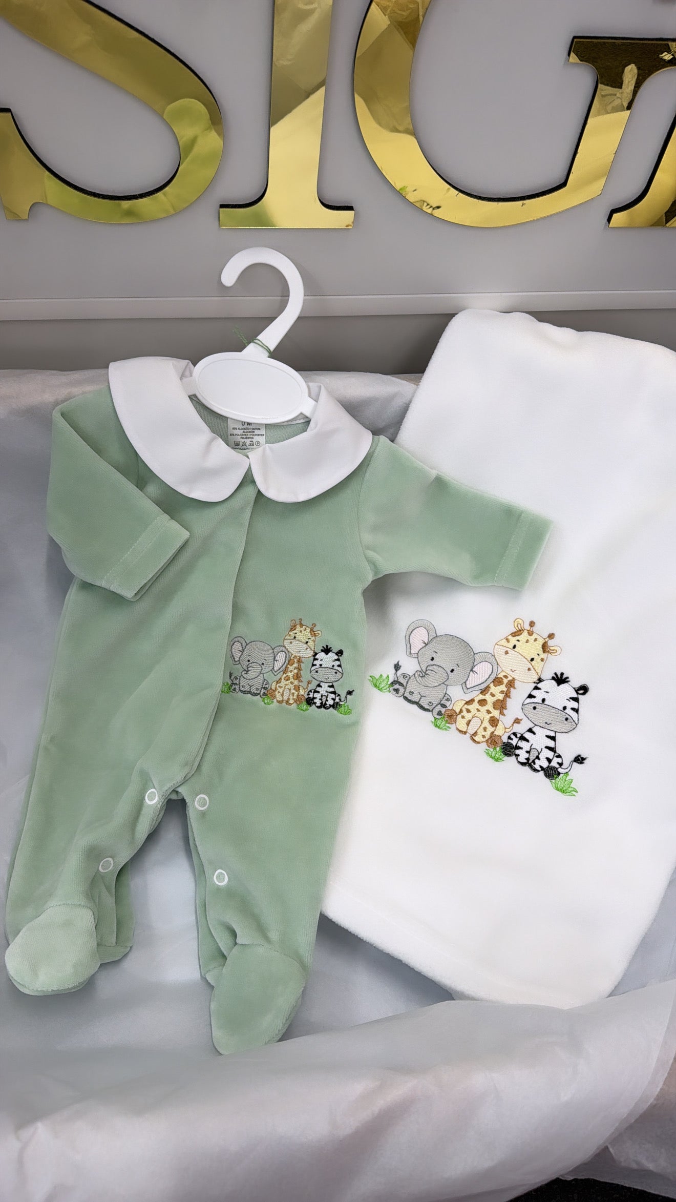 Safari sage velour babygrow (blanket sold separately)