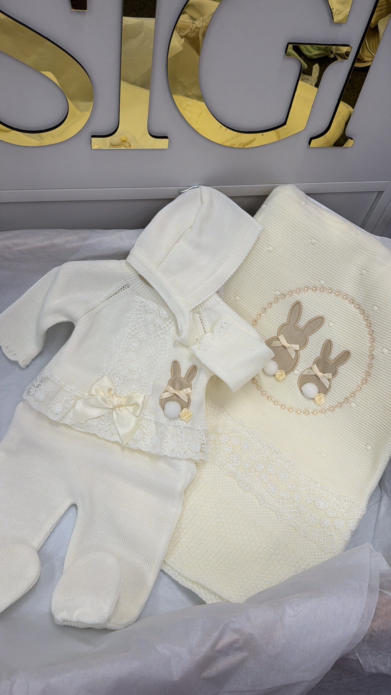 Cream bunny trouser knit set with bonnet (blanket sold separately)