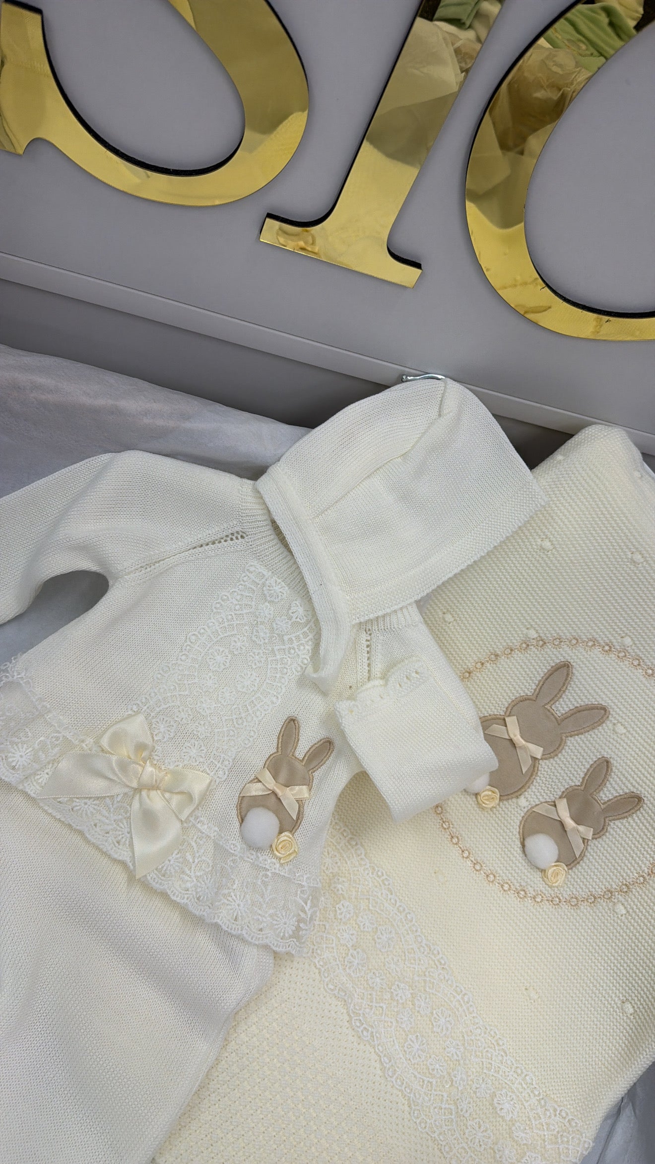 Cream bunny trouser knit set with bonnet (blanket sold separately)