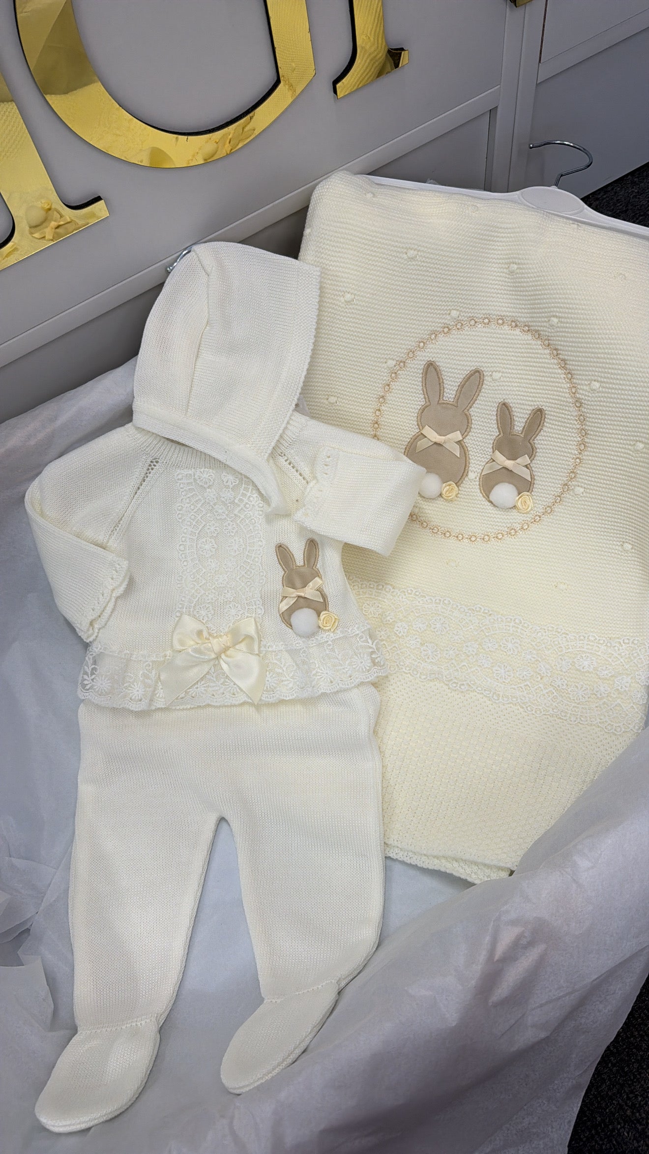 Cream bunny trouser knit set with bonnet (blanket sold separately)