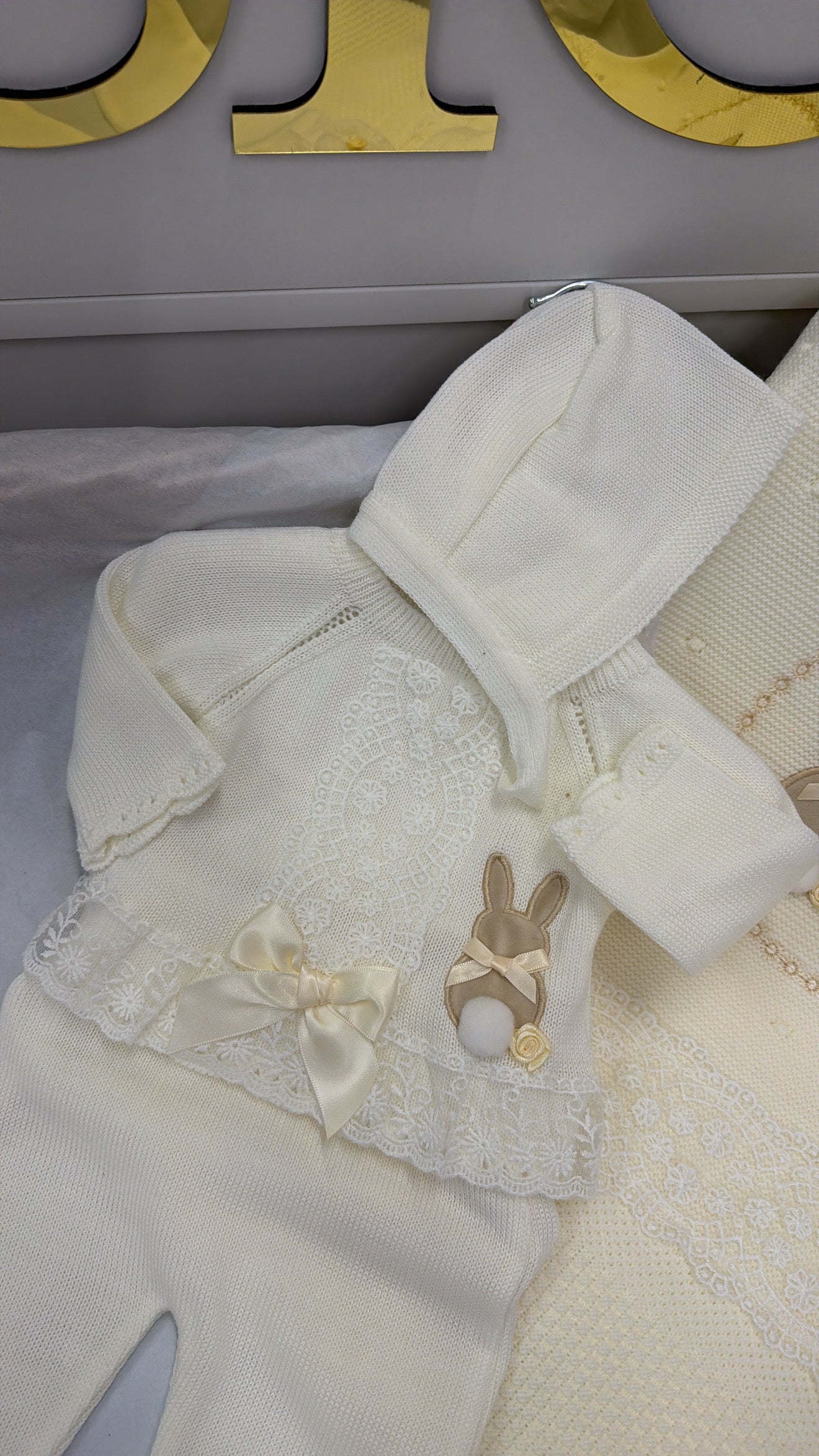 Cream bunny trouser knit set with bonnet (blanket sold separately)