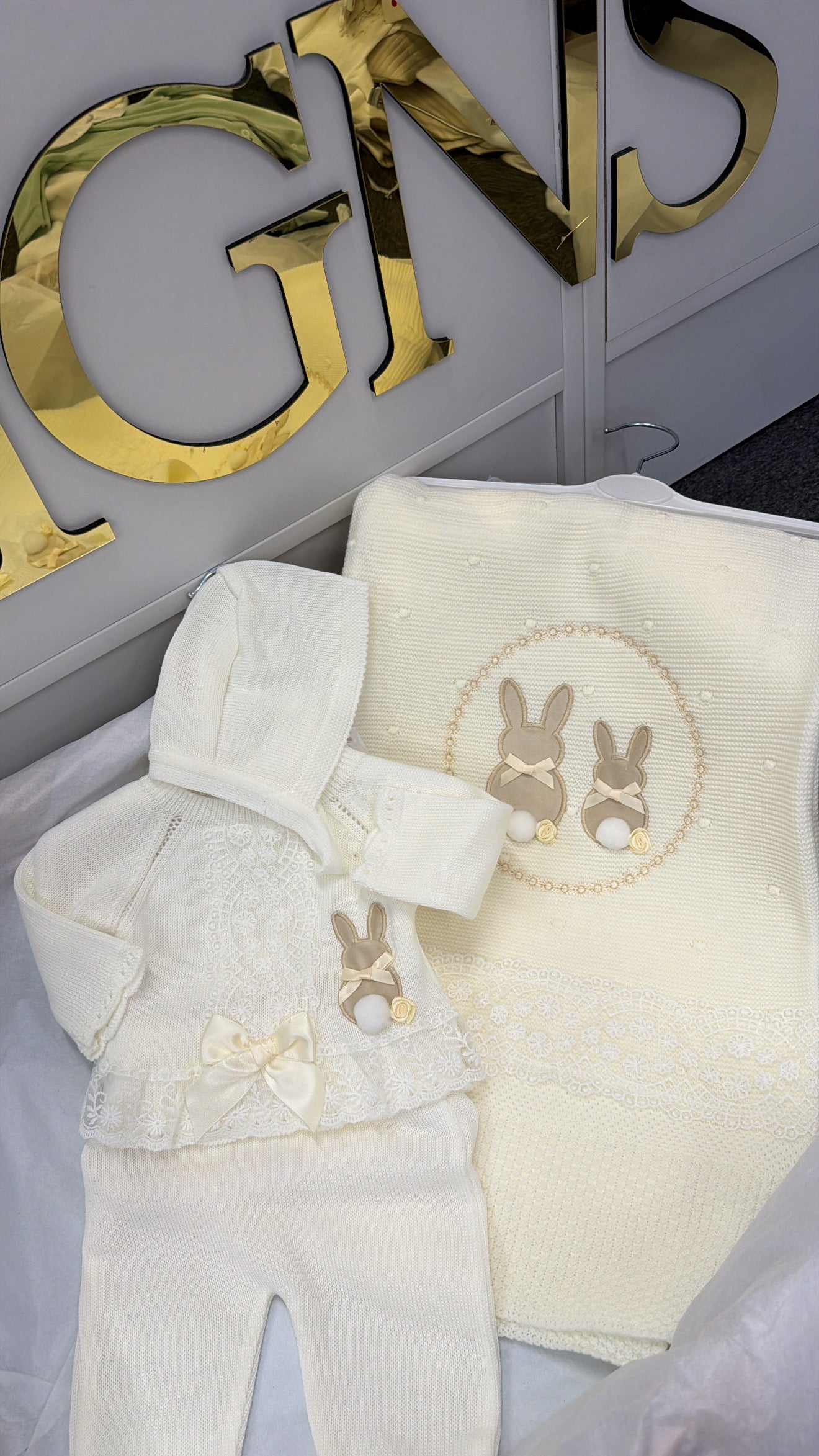 Cream bunny trouser knit set with bonnet (blanket sold separately)