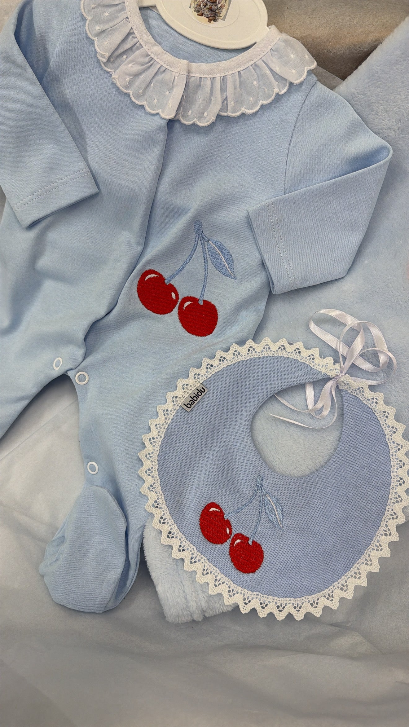 Blue cherry babygrow&bib (blanket sold separately)
