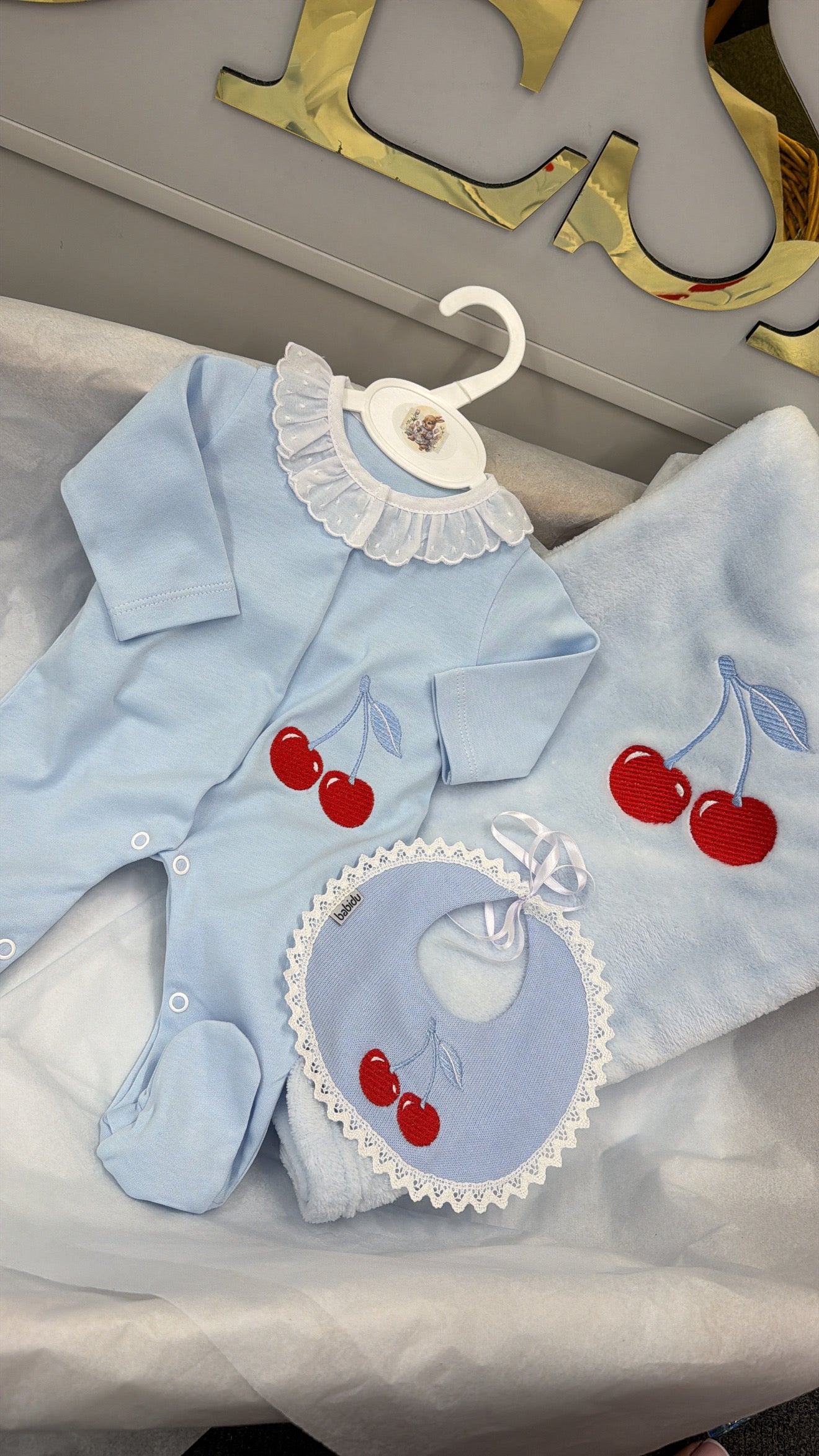 Blue cherry babygrow&bib (blanket sold separately)
