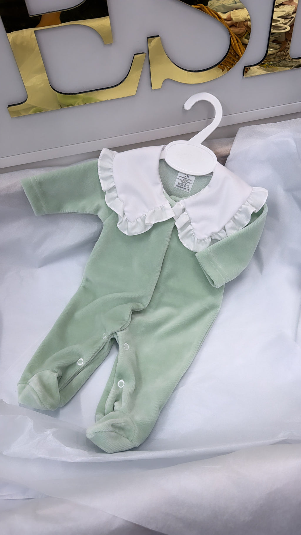 Velour sage frill collar babygrow
