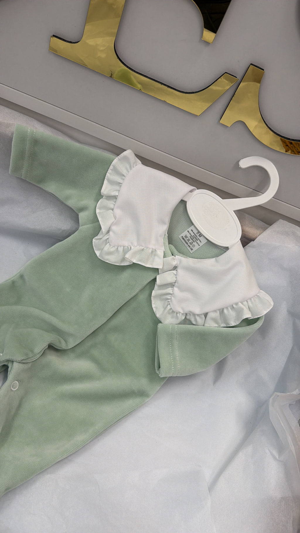 Velour sage frill collar babygrow