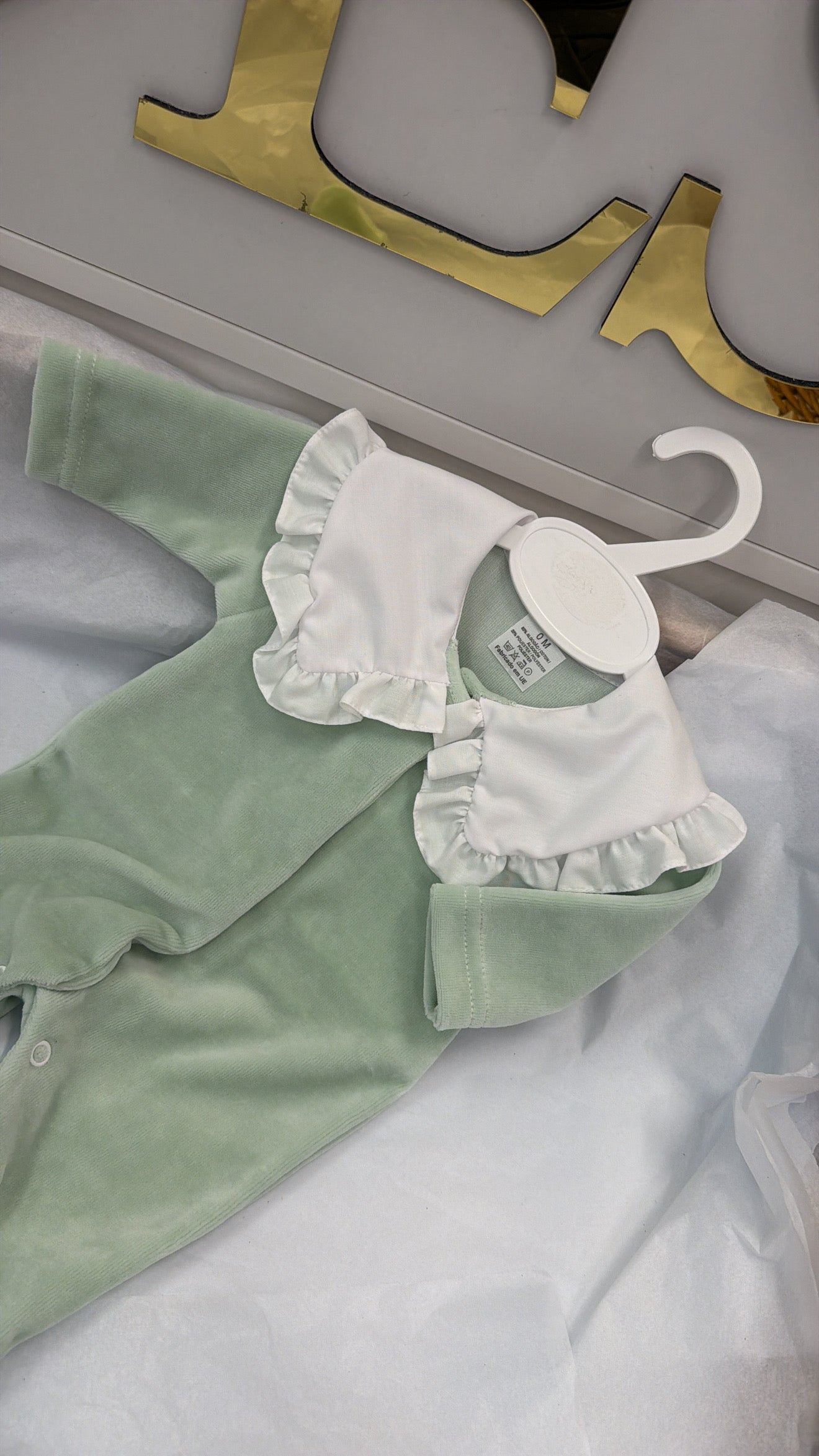 Velour sage frill collar babygrow