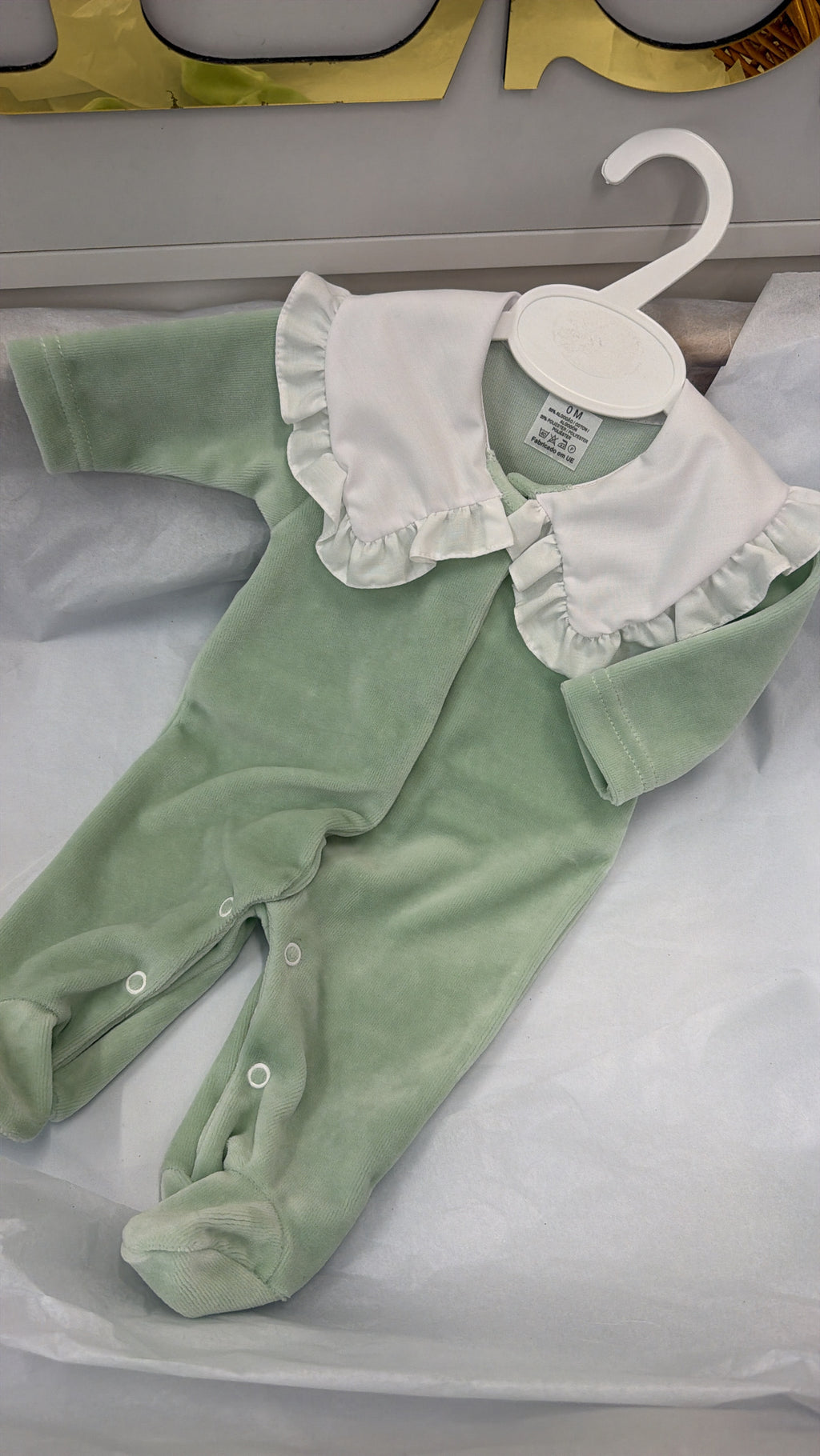 Velour sage frill collar babygrow