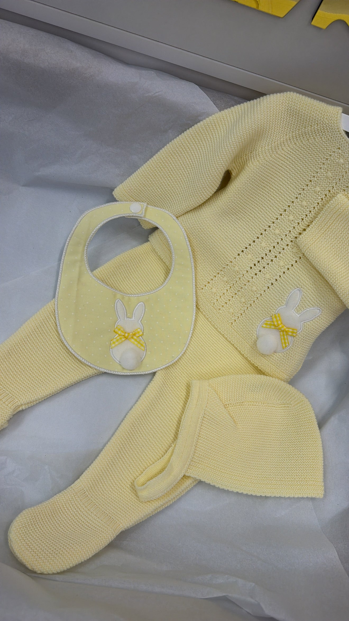 Lemon Bunny knit trouser set with bib