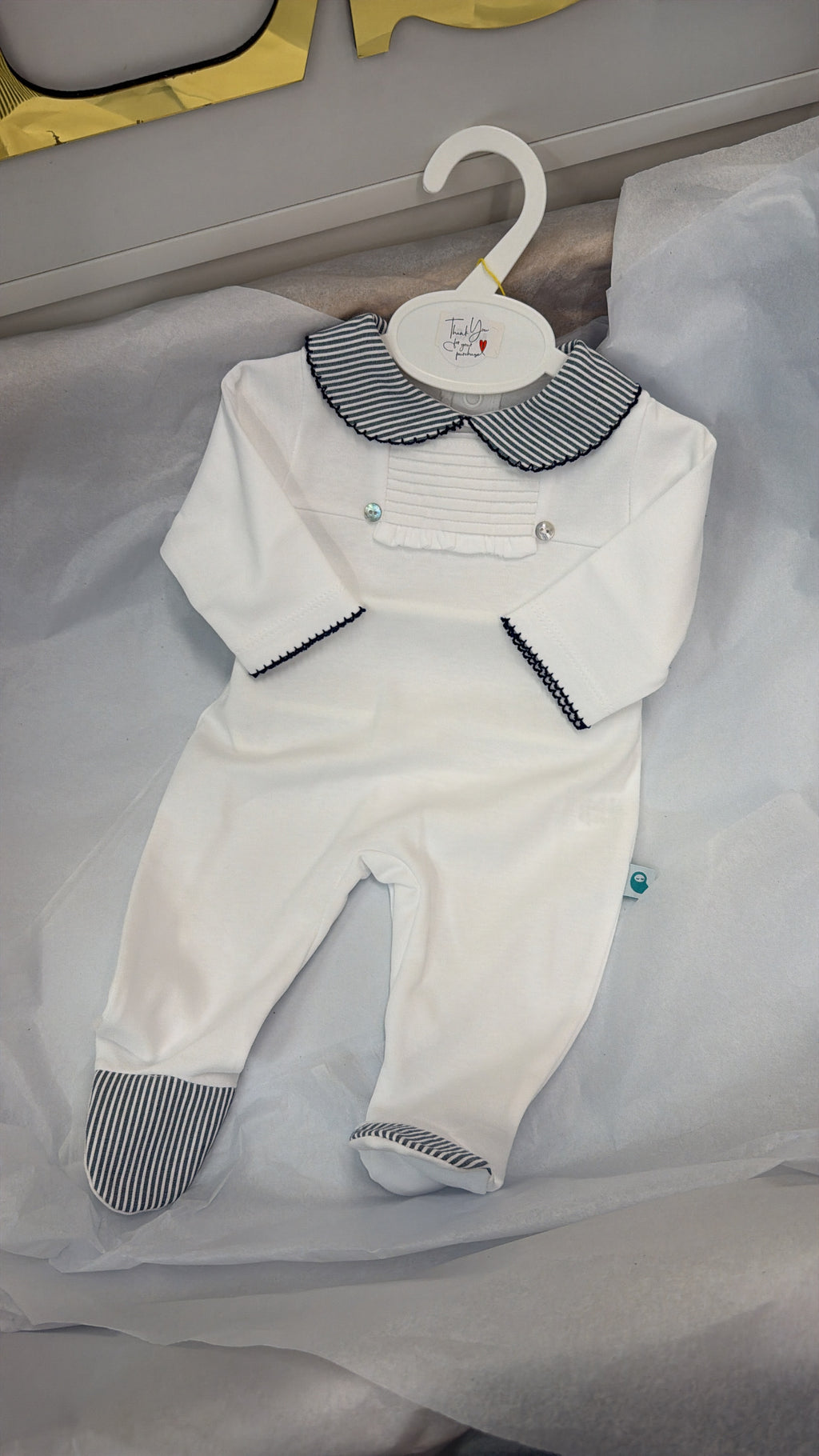 Navy striped cotton babygrow