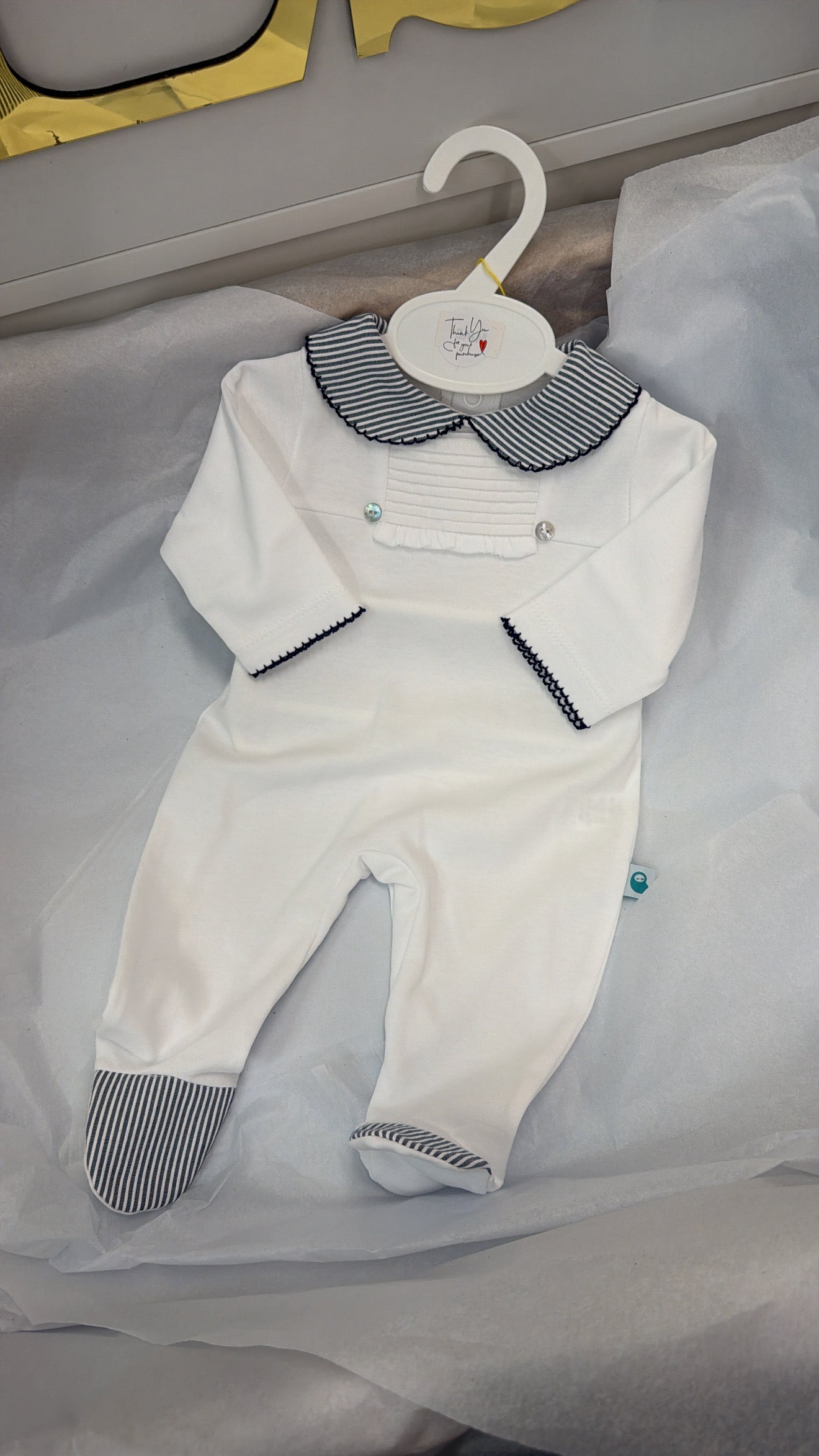 Navy striped cotton babygrow