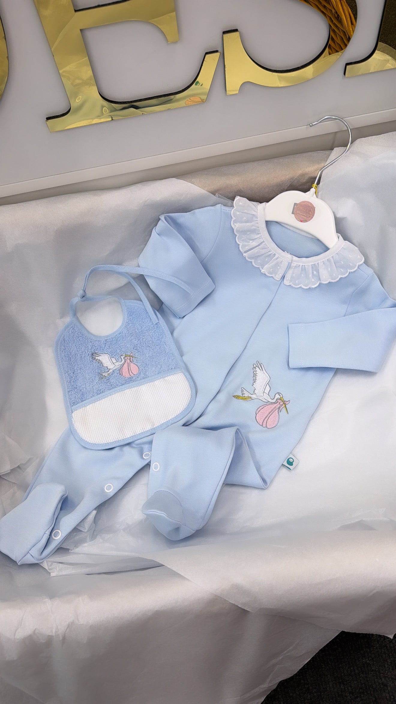 Stork babygrow & toweling bib