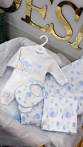 Blue trim hot air balloon full set: blanket babygrow and bib and muslin