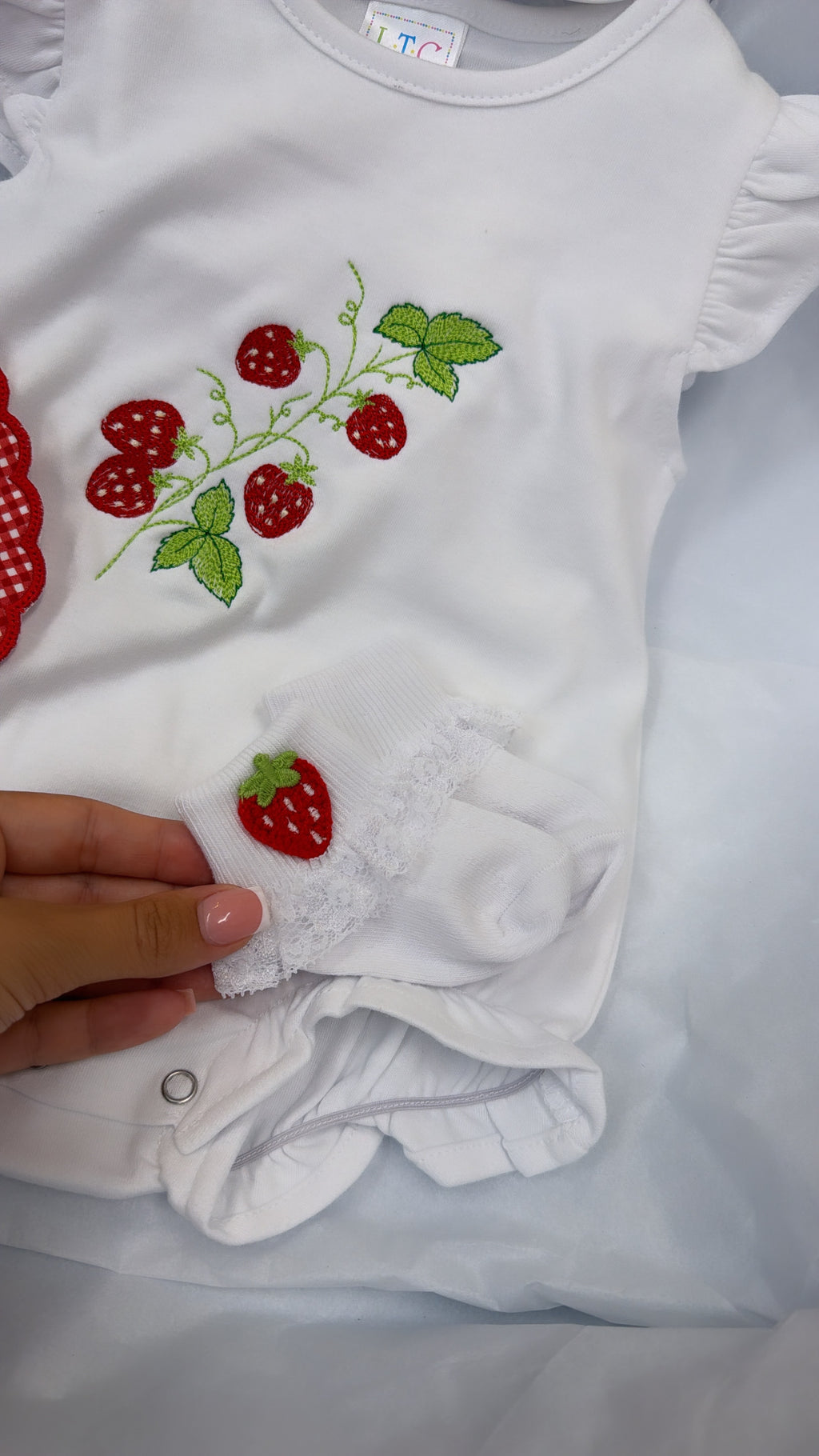 Strawberry romper, bib and socks set