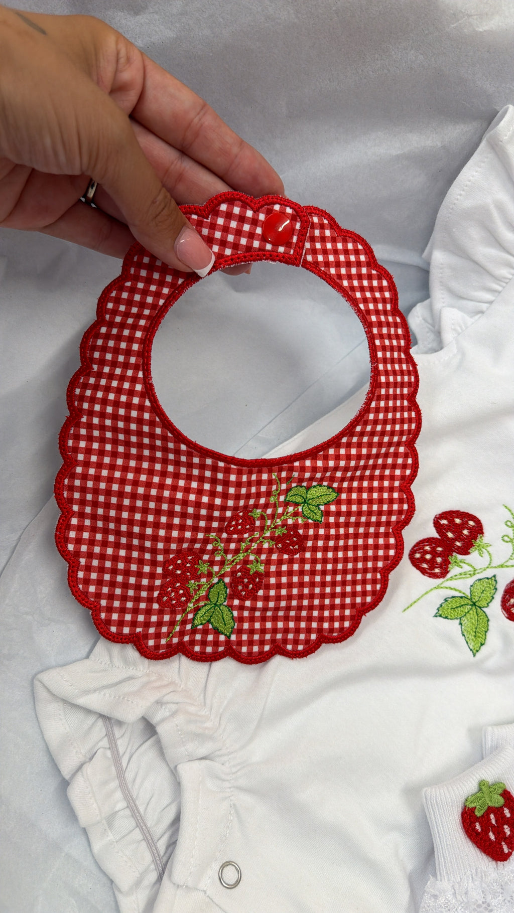 Strawberry romper, bib and socks set