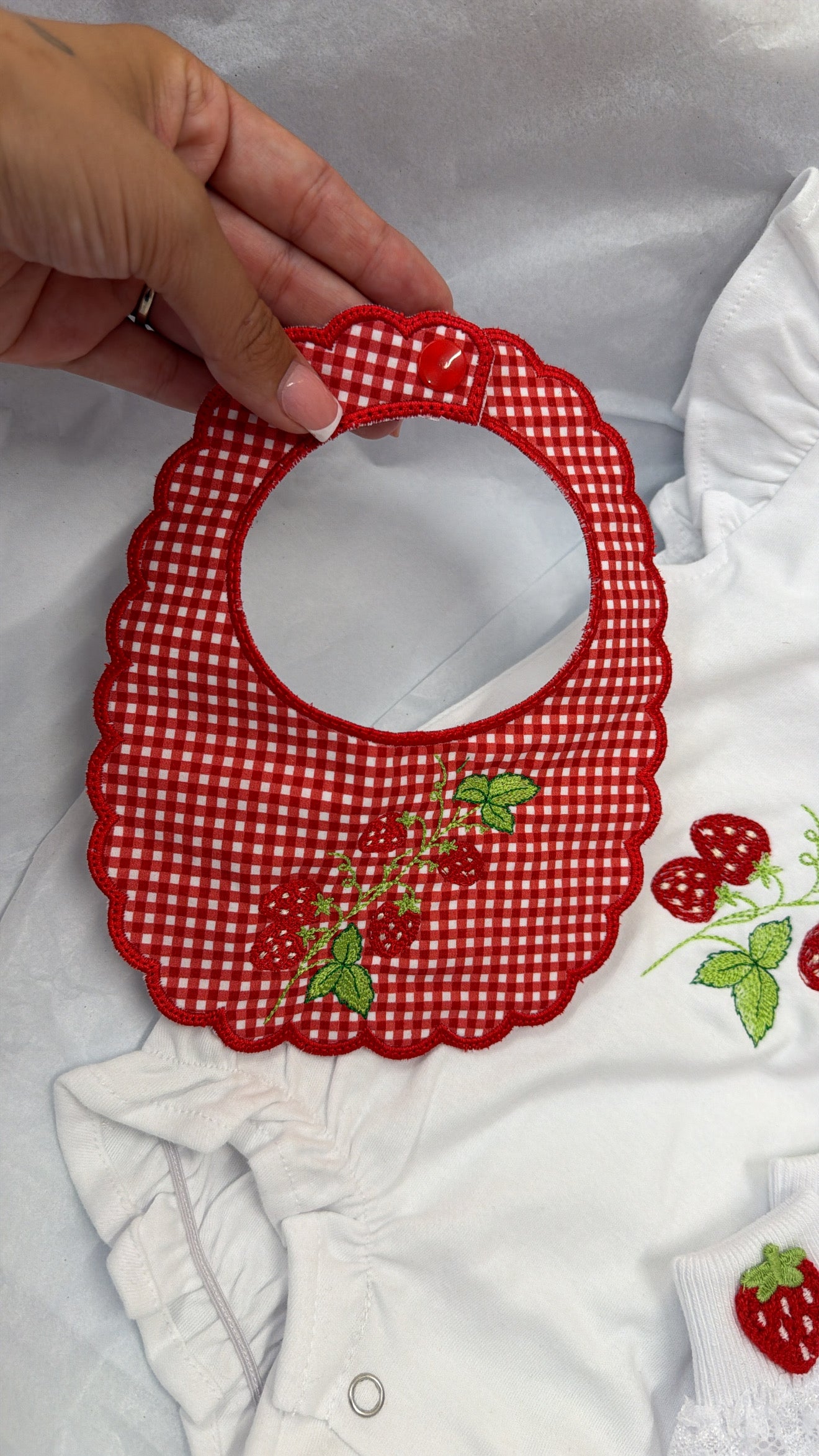 Strawberry romper, bib and socks set