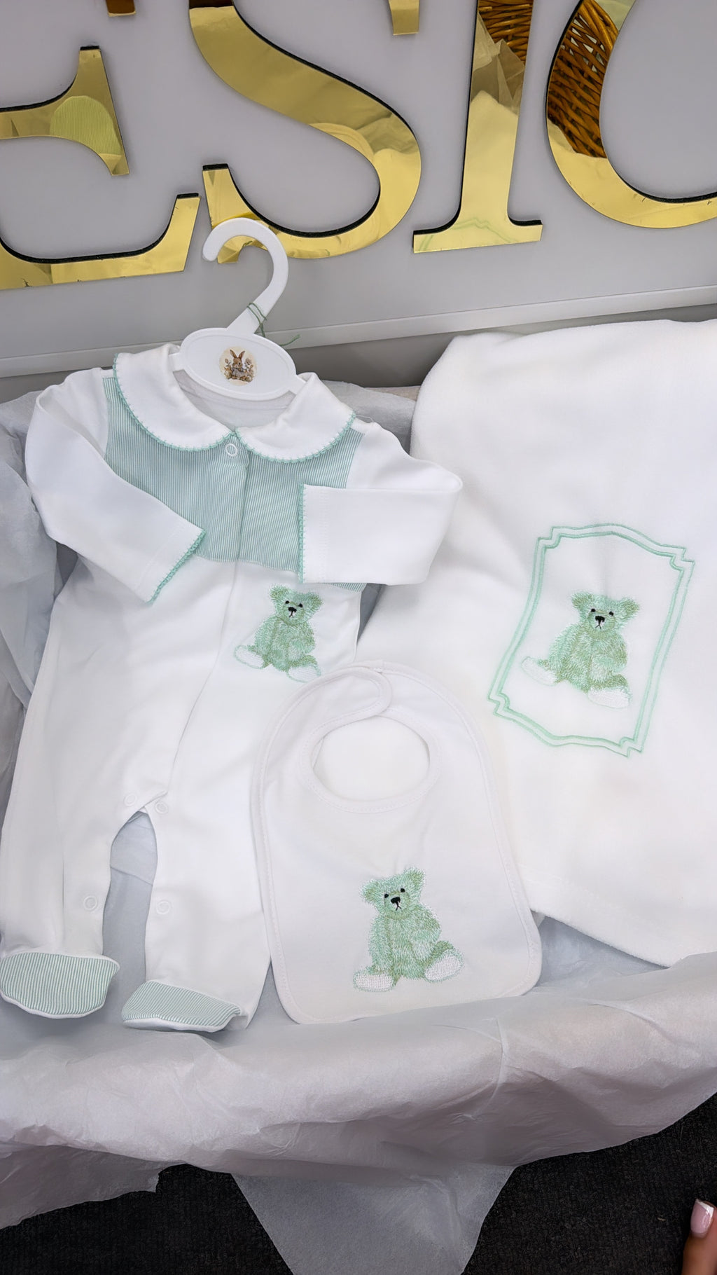 Mint green bear babygrow&bib (blanket sold separately)