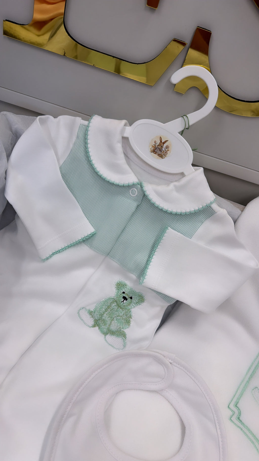 Mint green bear babygrow&bib (blanket sold separately)