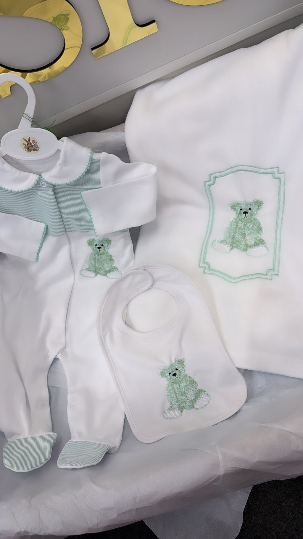 Mint green bear babygrow&bib (blanket sold separately)