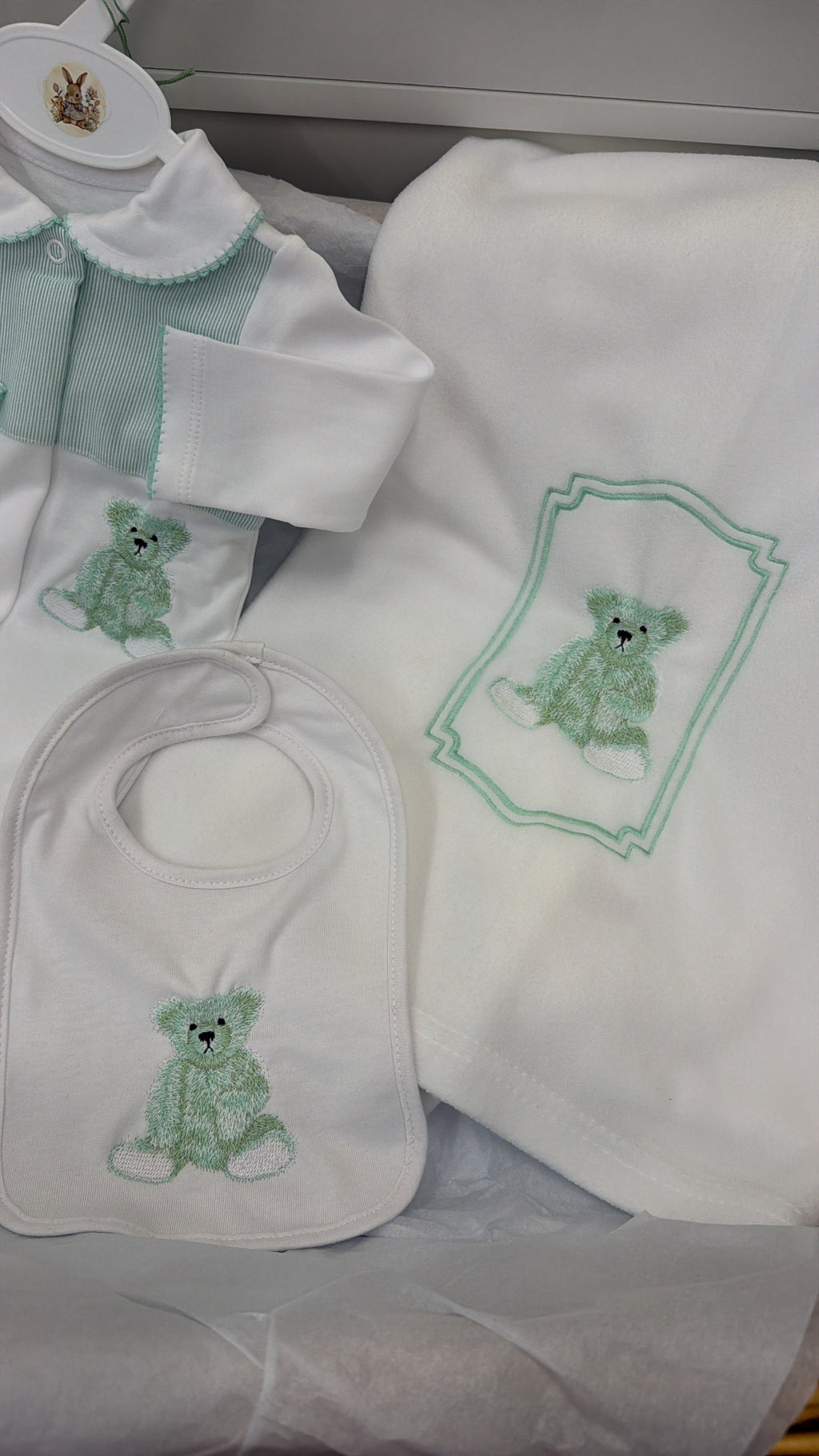 Mint green bear babygrow&bib (blanket sold separately)