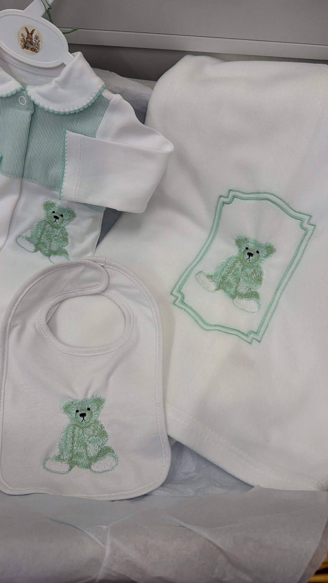Mint green bear babygrow&bib (blanket sold separately)