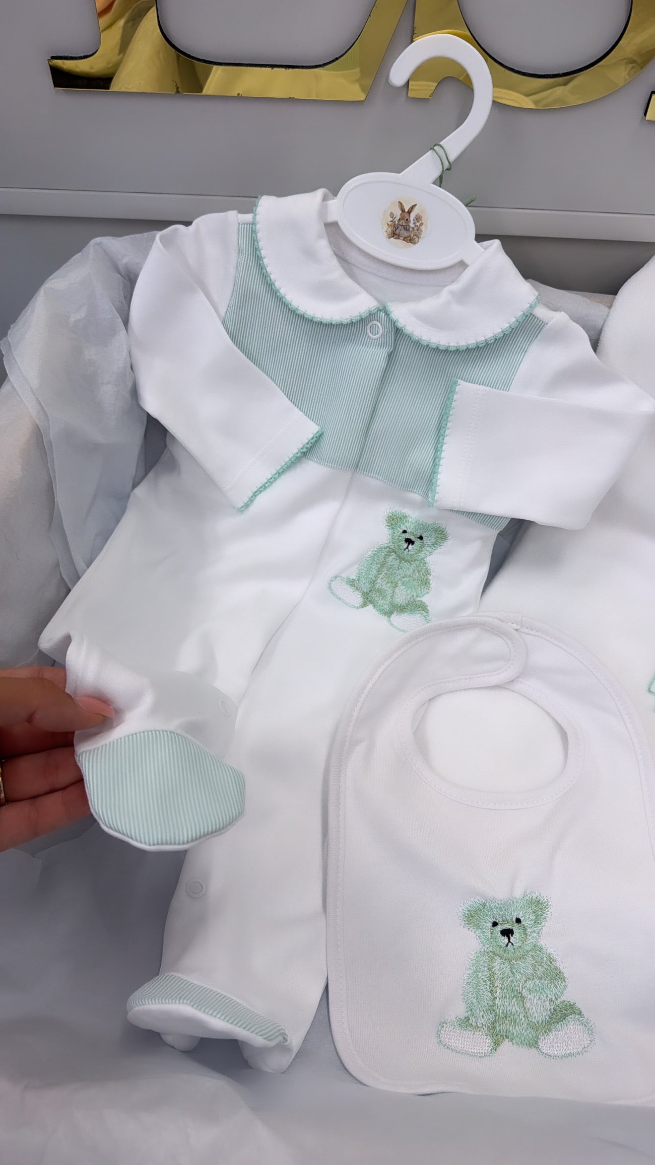 Mint green bear babygrow&bib (blanket sold separately)