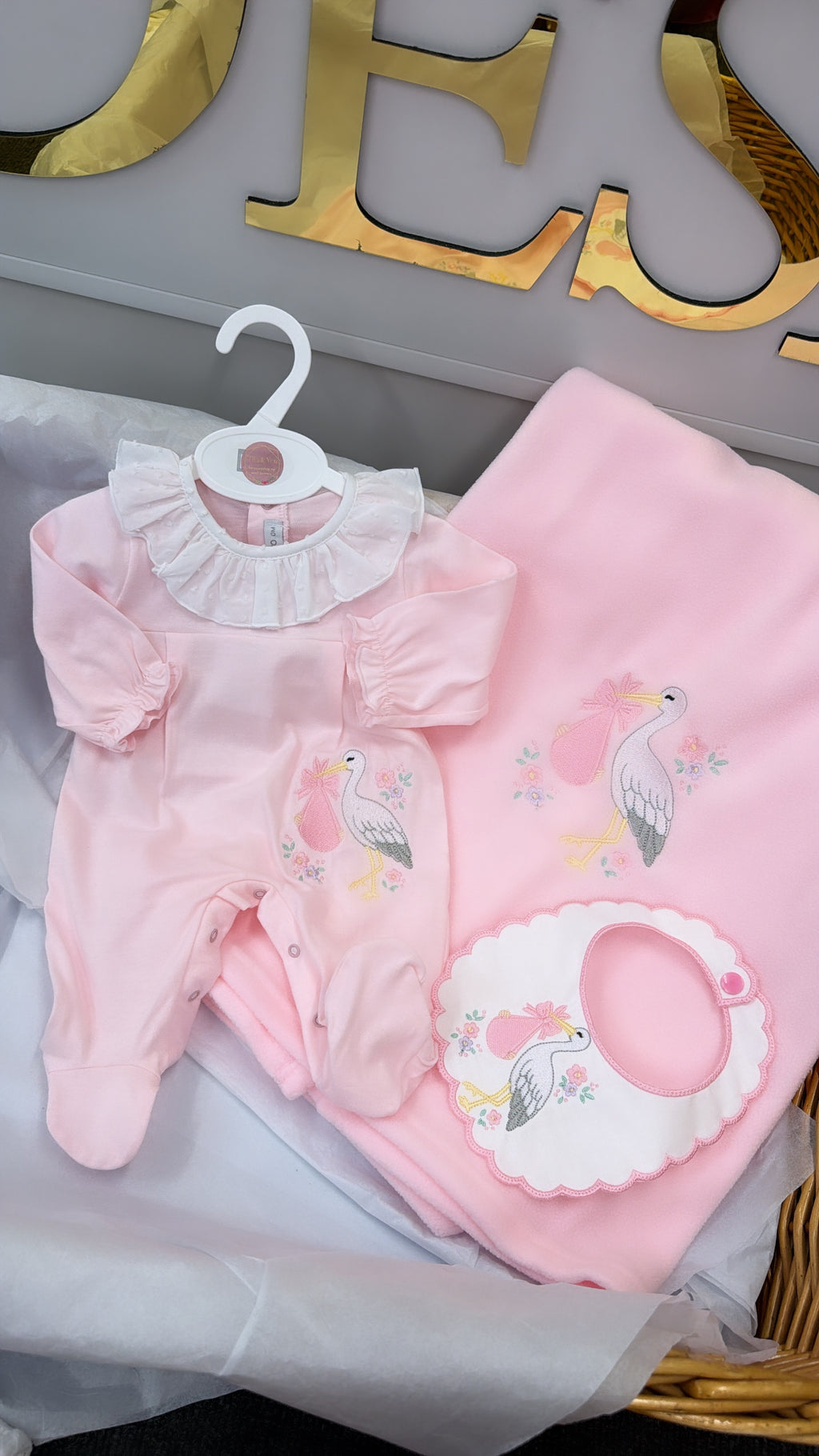 Pink stork babygrow & bib (blanket sold separately)