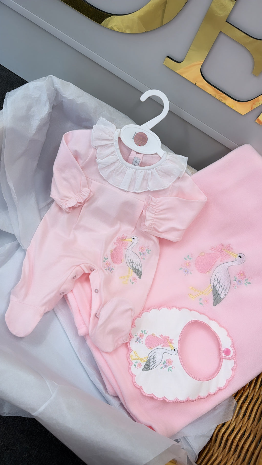 Pink stork babygrow & bib (blanket sold separately)