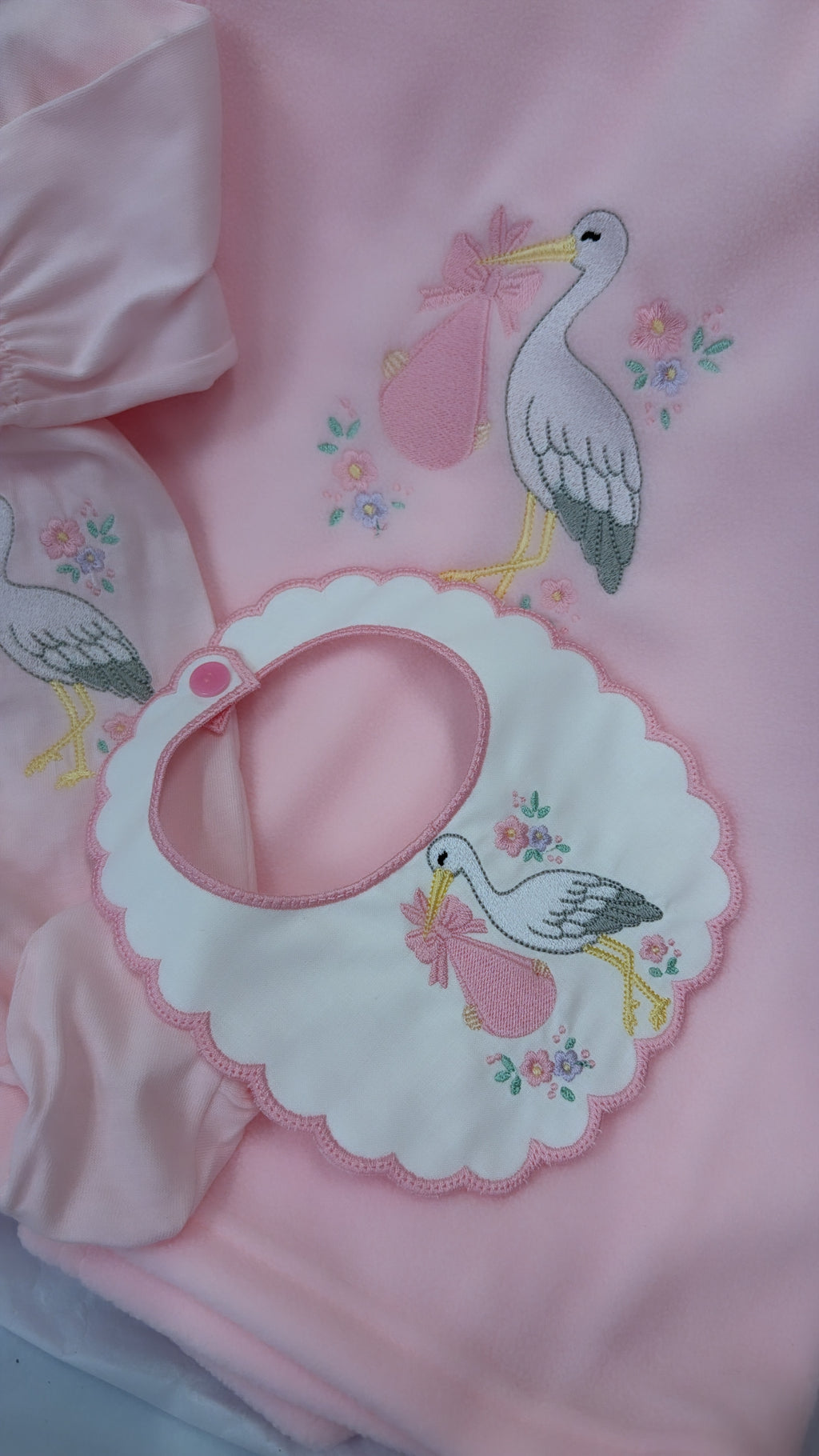 Pink stork babygrow & bib (blanket sold separately)
