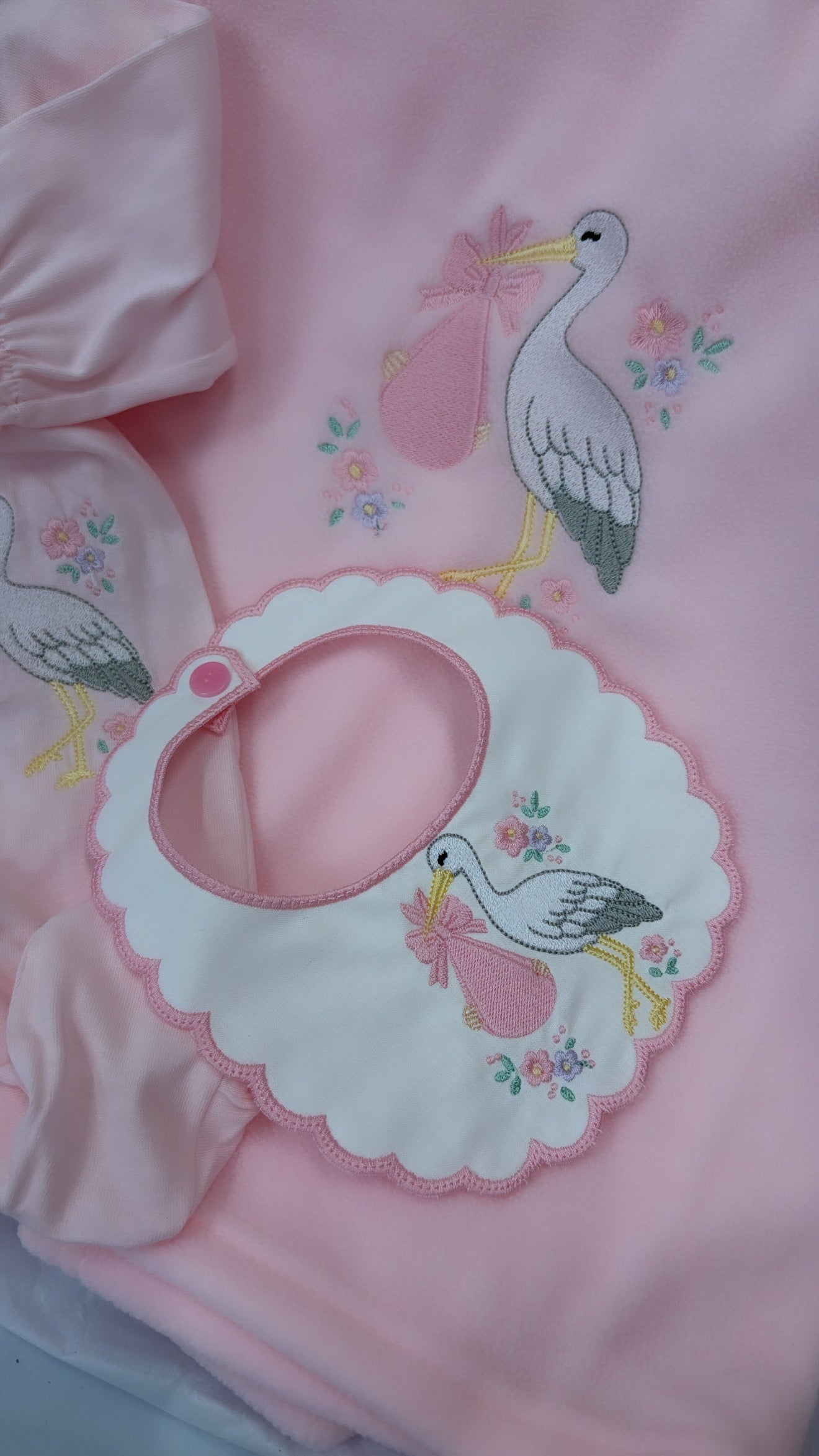 Pink stork babygrow & bib (blanket sold separately)