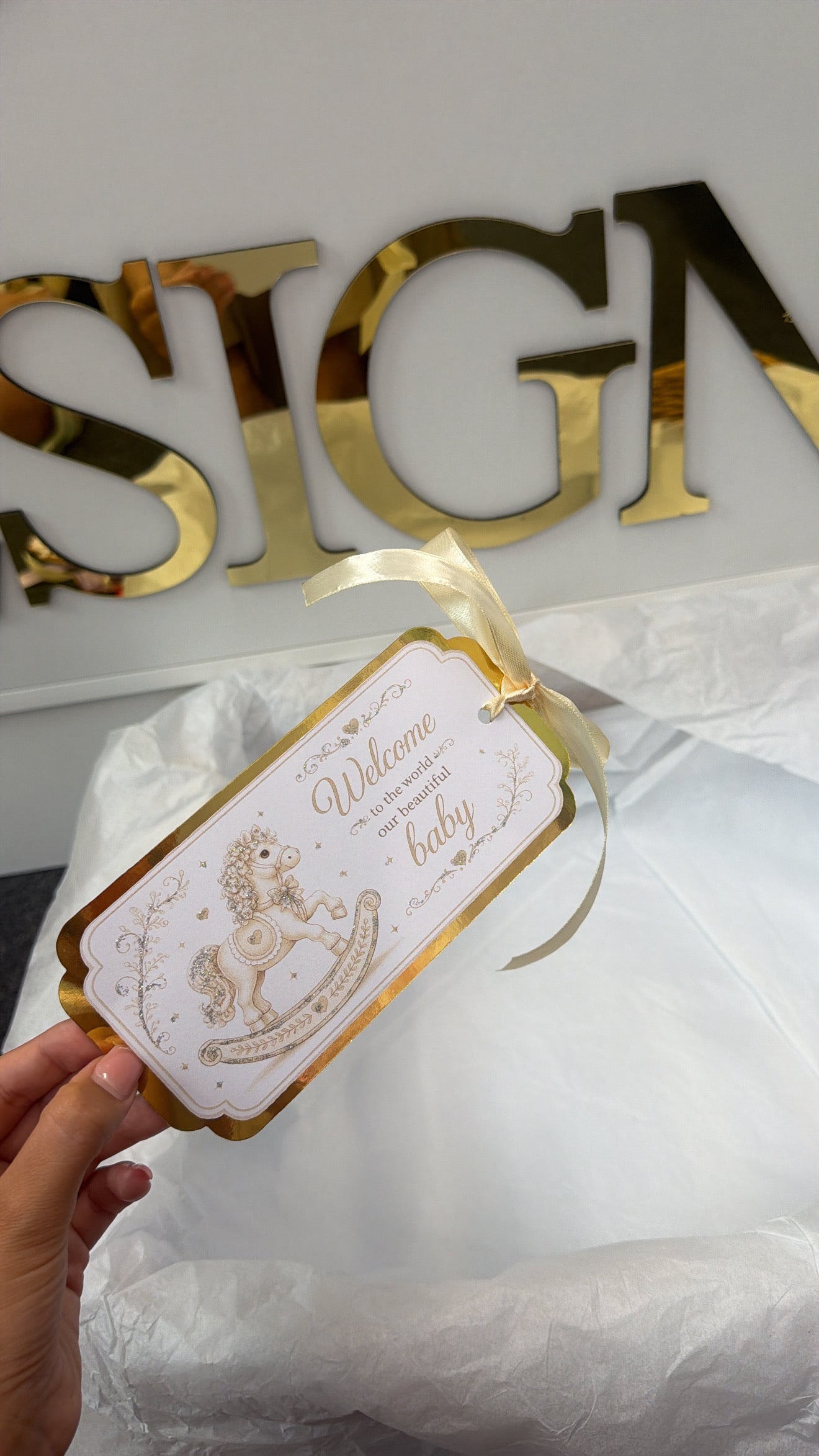 NEW - Cream rocking horse arrival tag (unisex)