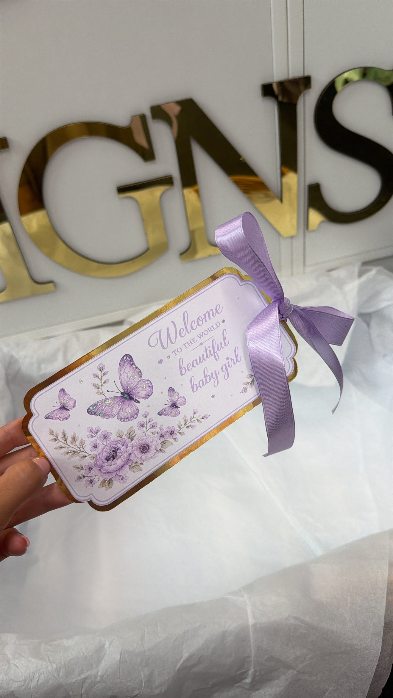 NEW - Lilac butterfly arrival tag (girl)