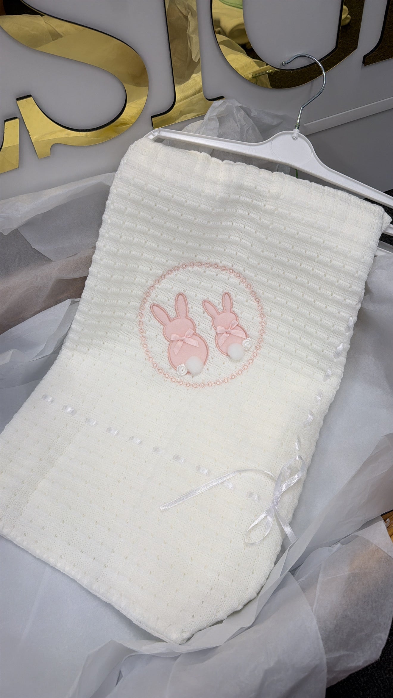 White & pink bunny shawl