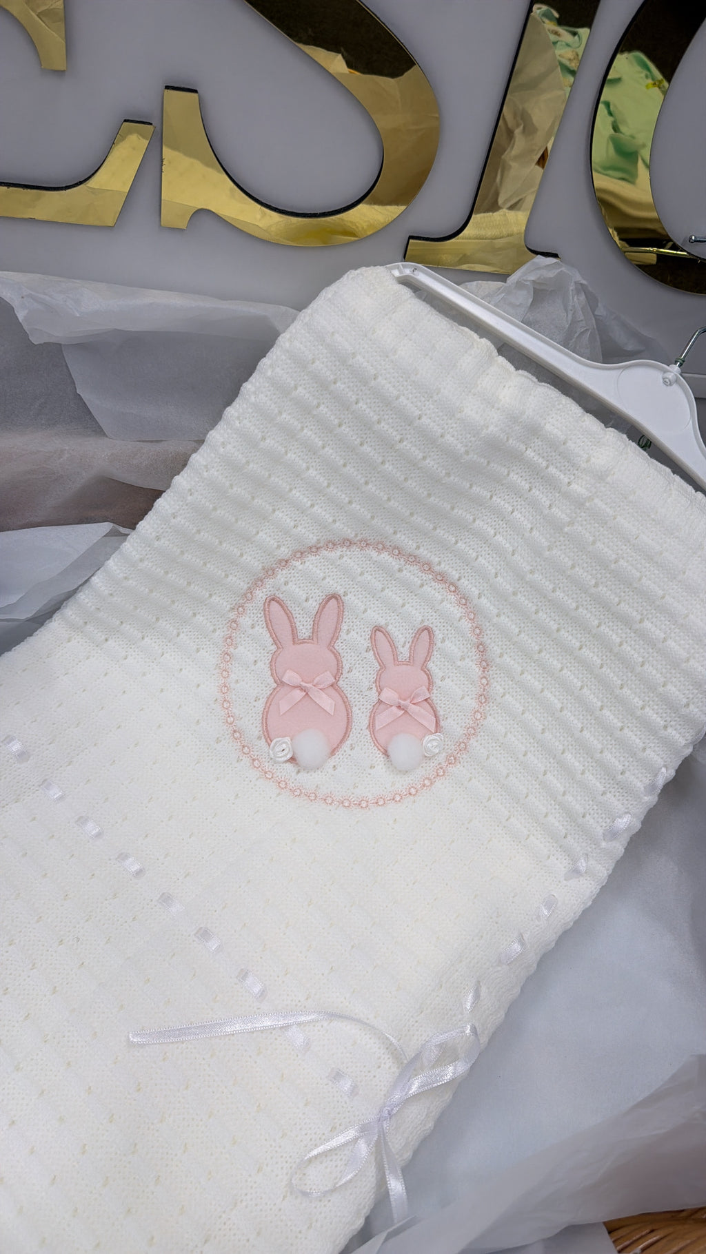 White & pink bunny shawl