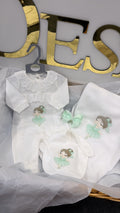 Lace ballerina set in mint: baby grow, bib, head bow & blanket