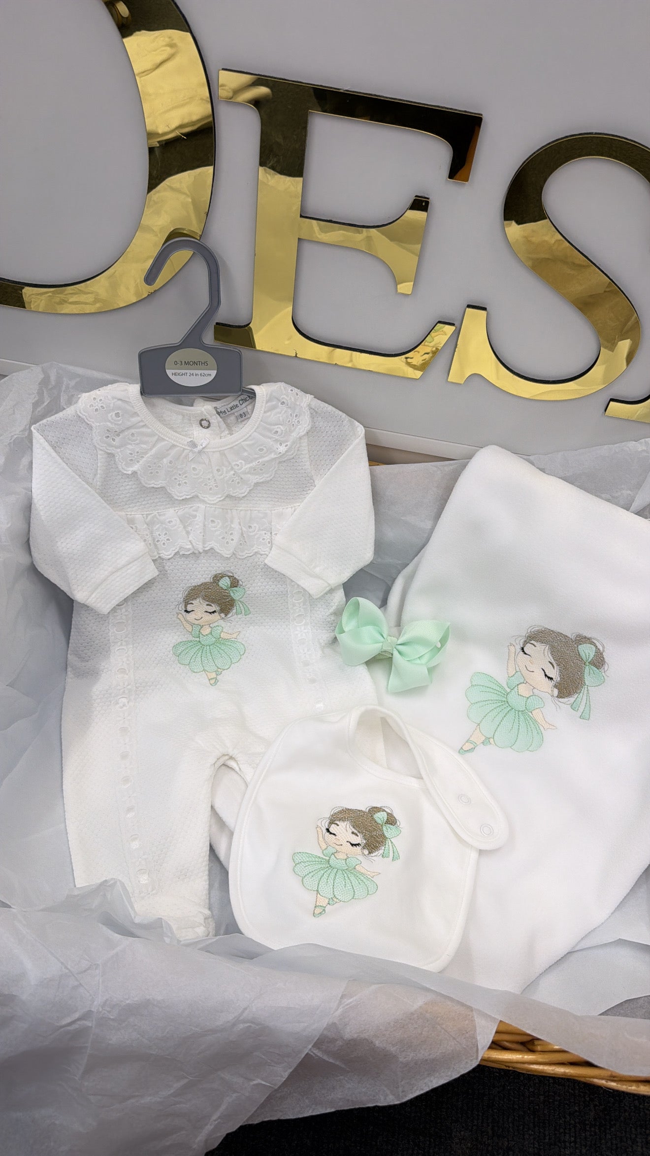 Lace ballerina set in mint: baby grow, bib, head bow & blanket