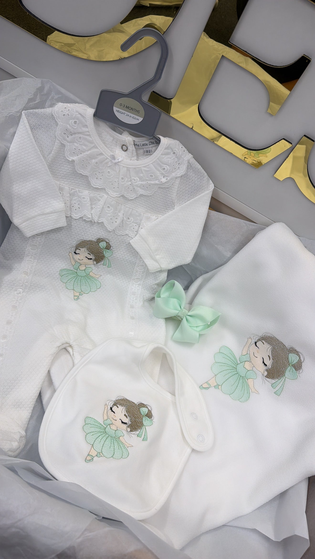 Lace ballerina set in mint: baby grow, bib, head bow & blanket